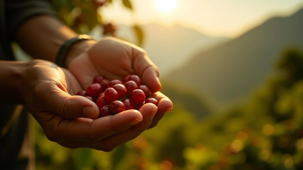 Manos de agricultor cosechando granos de café rojo maduro en una planta de café con luz natural de montaña