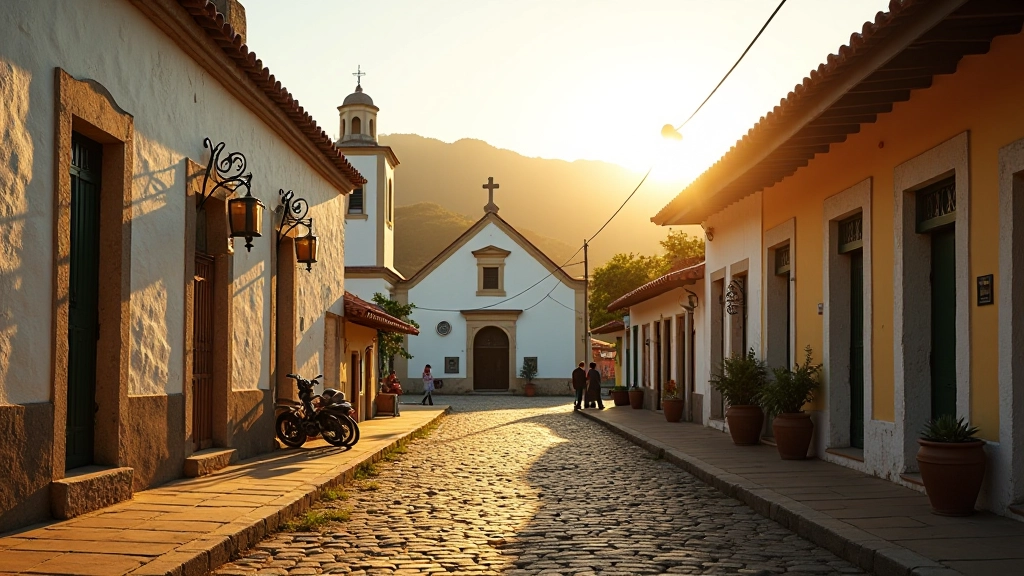 Plaza de pueblo histórico en Lares con iglesia de piedra blanca y cafeterías locales en el fondo al atardecer