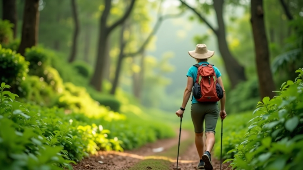 Persona adulta mayor caminando en sendero de montaña rodeada de vegetación verde exuberante