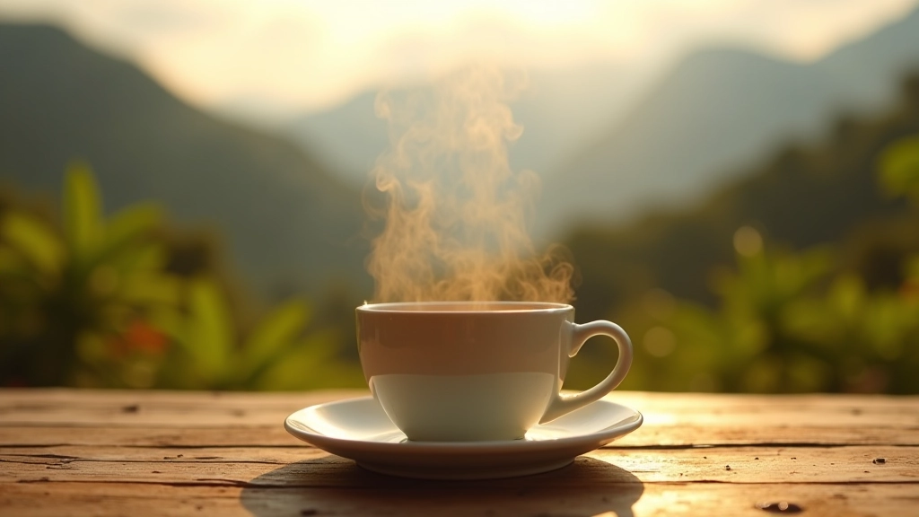 Taza humeante de café recién preparado sobre mesa de madera rústica