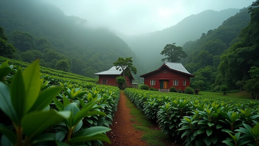 Finca cafetalera tradicional en las montañas de Lares con casita de madera roja entre plantas de café